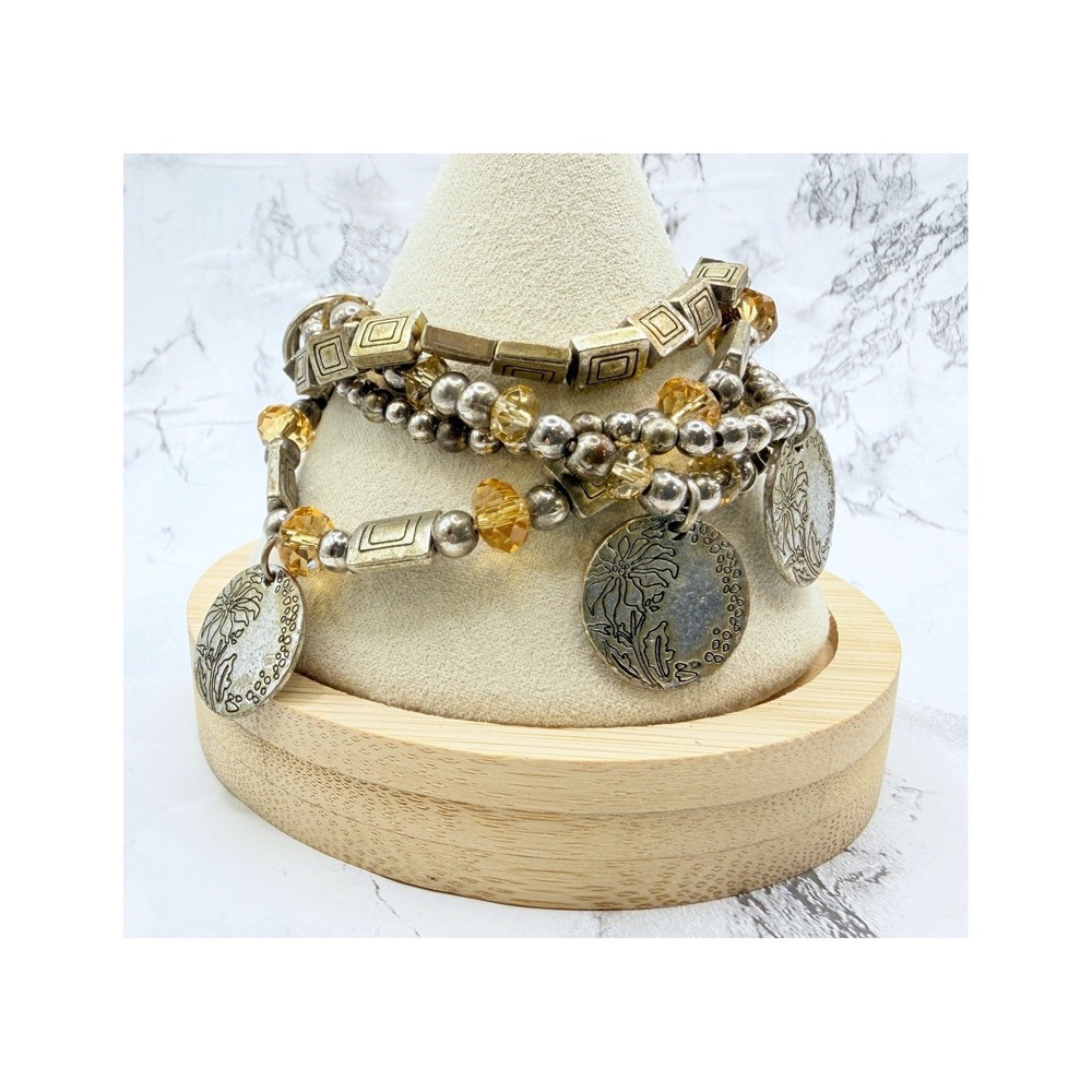 Four Strand Stretch Bracelet Citrine Glass Beads Coin Charms Two Tone Boho